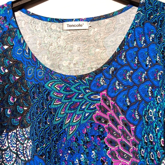Tencole EUC Women's Vibrant Tunic, XL, Blue Green and Raspberry Peacock Pattern - Picture 3 of 7